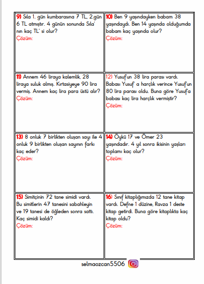 2. SINIF TOPLAMA ve ÇIKARMA PROBLEMLERİ 2 SAYFA