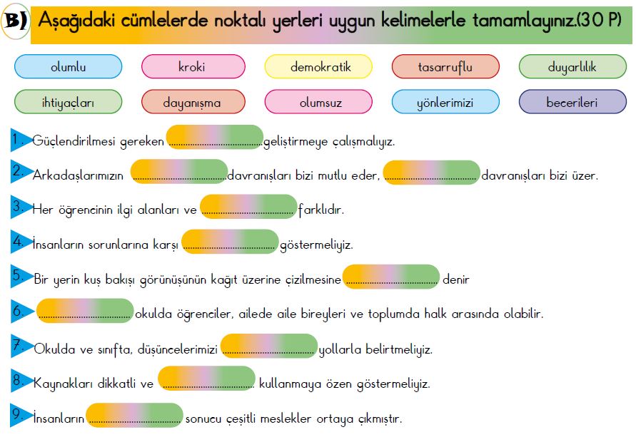 ETKİLEŞİMLİ HAYAT BİLGİSİ 1.TEMA(OKULDA HAYAT) DEĞERLENDİRME ÇALIŞMASI