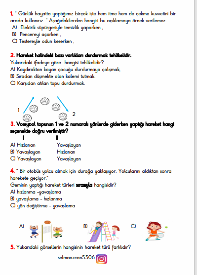 HAREKET VE KUVVET ÜNİTE DEĞERLENDİRMESİ 4 SAYFA 