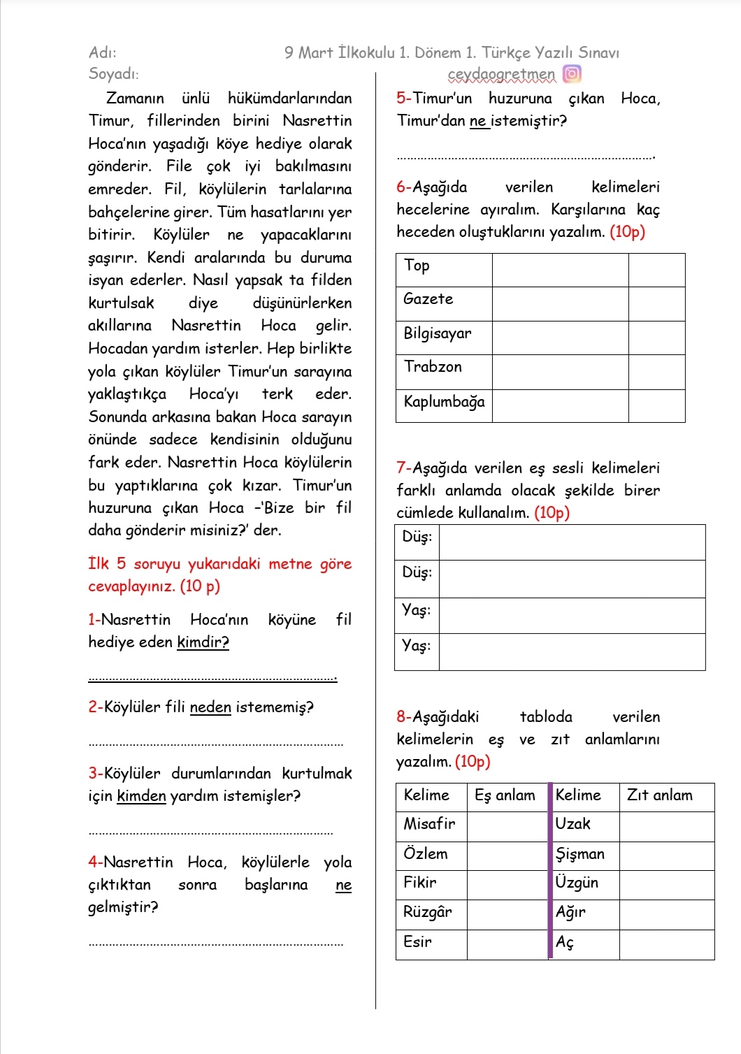 Türkçe 1.yazılı sınav örneği 