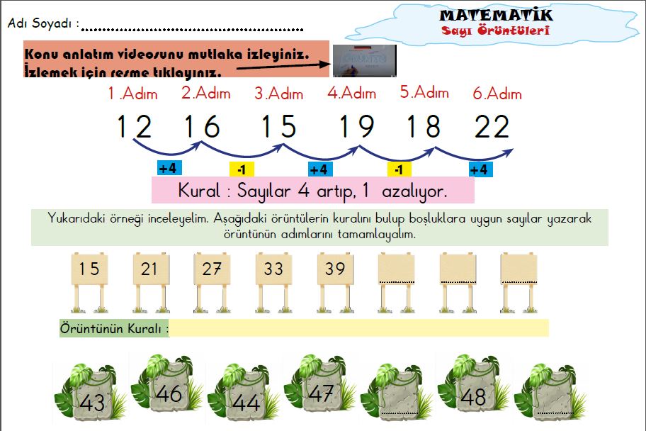 ETKİLEŞİMLİ MATEMATİK SAYI ÖRÜNTÜLERİ ETKİNLİĞİ+VİDEO KONU ANLATIMLI