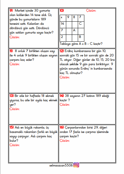 3.SINIF ÇARPMA İŞLEMİ PROBLEMLERİ