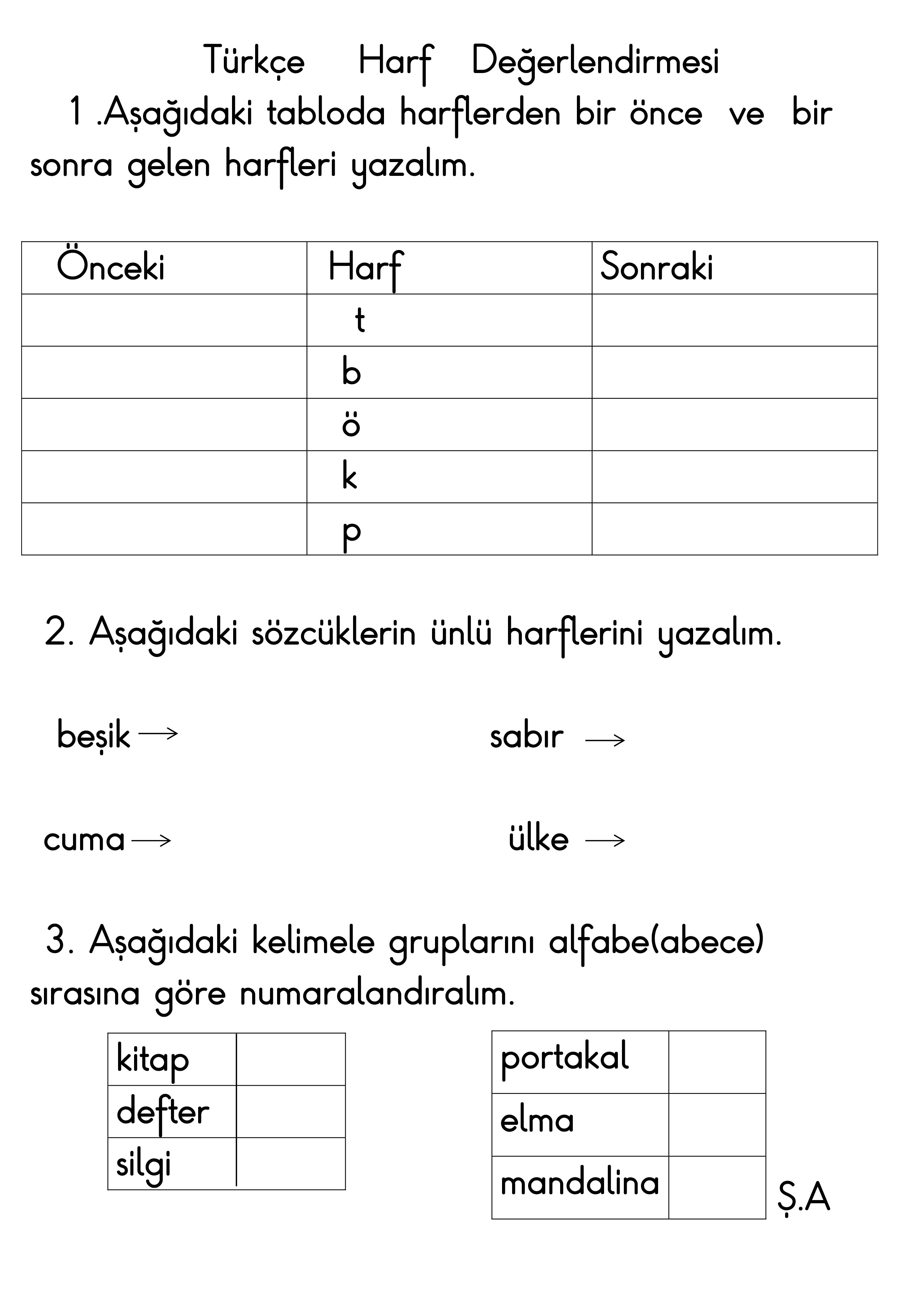 türkçe harf değerlendirme çalışması