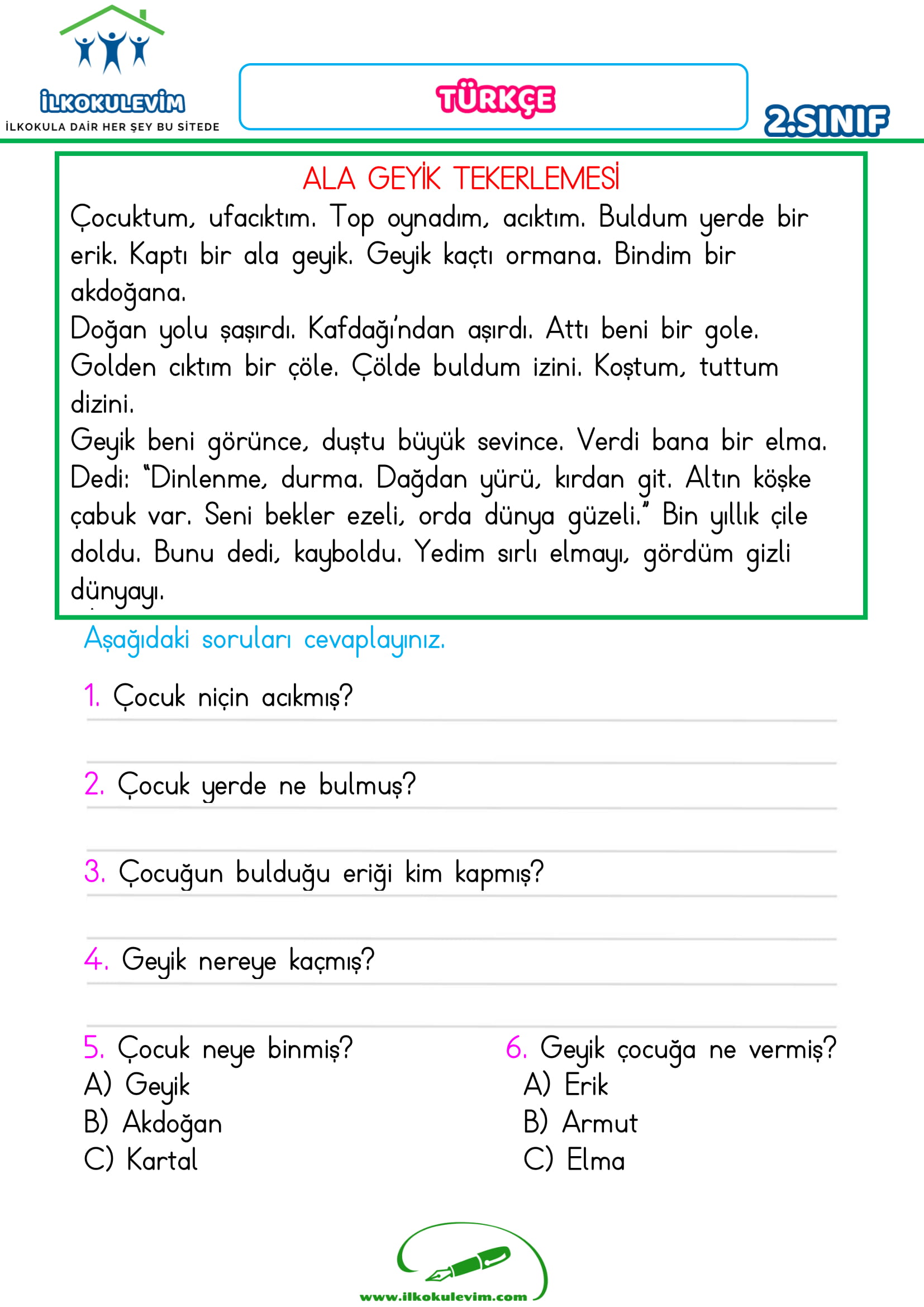 2.Sınıf Türkçe Okuma Anlama-Eş Sesli Kelime- Noktalama-Sebep/Sonuç Cüm