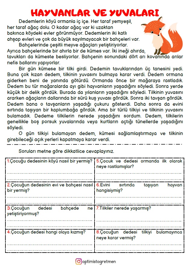 2. Sınıf Türkçe Hayvanlar Ve Yuvaları Okuma Anlama Çalışma Kağıdı