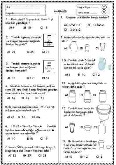 Matematik - Test 10 ( Toplama işlemi- Sıvıları ölçme )