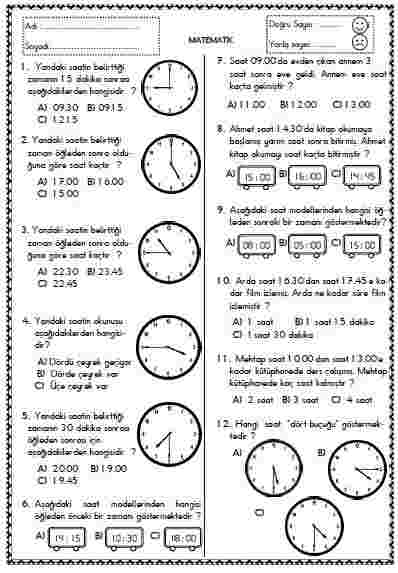 Matematik - Test 16 ( Saat-Zamanı Ölçme )