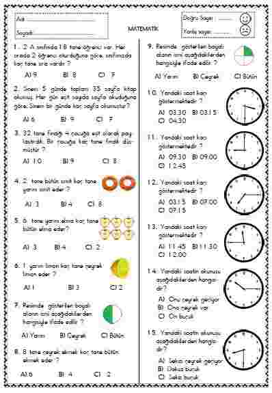 Matematik - Test 15 ( Bölme işlemi - Bütün  Yarım Çeyrek - Saat)