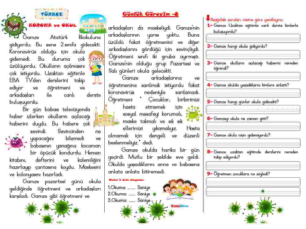 Günlük Görevim-8 (Türkçe) Korona ve  Okul  Okuma Anlama 2. ve 3.sınıf