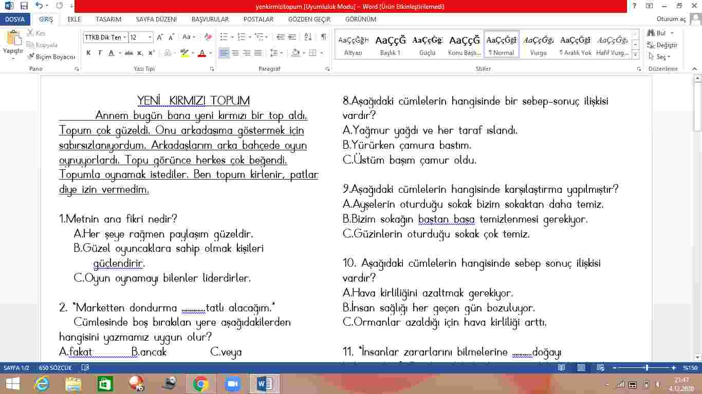 3. Sınıf Türkçe Deneme Sınavı