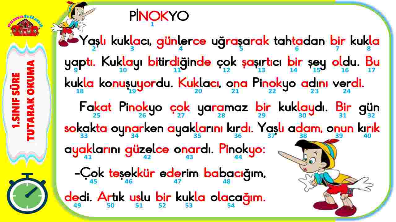 1.Sınıf Süre Tutarak Okuma Çalışması -4 I Pinokyo Metni I 54 Kelime