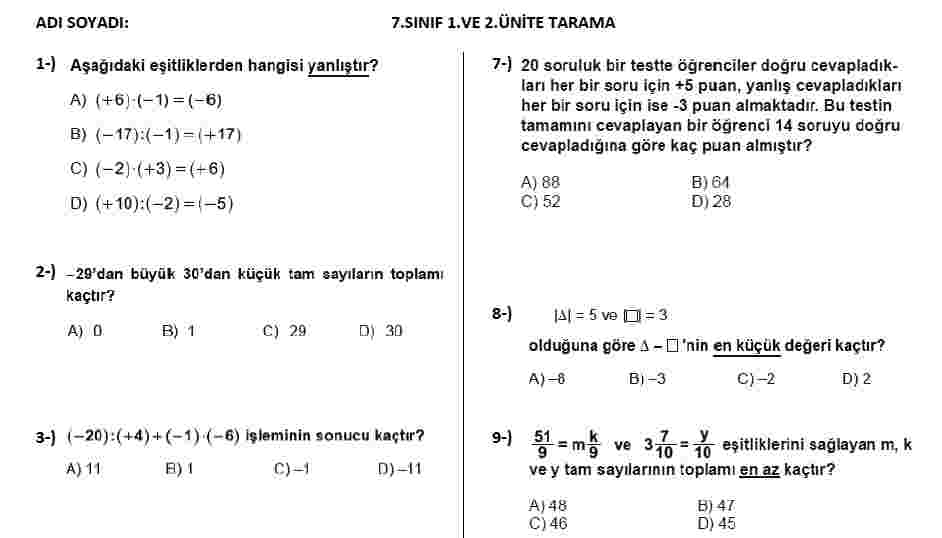 1. ve 2. ÜNİTE TARAMA ( pdf etkileşimli zipgrade formlu) Cvplı