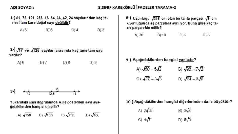KAREKÖKLÜ İFADELER TARAMA-2 (ZİPGRADE FORMLU)