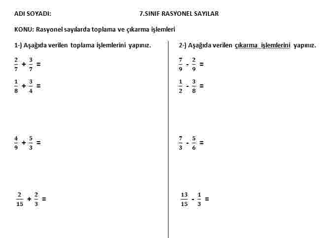 Matematik -Rasyonel sayılarda toplama ve çıkarma işlemleri