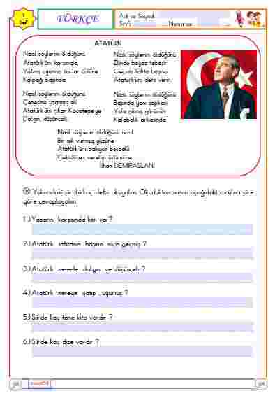 Türkçe -  Atatürk Şiiri ( Anlama Metni) ( Etkileşimli)
