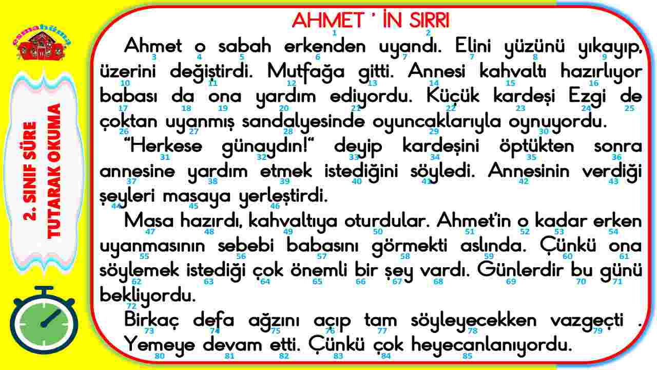 2.Sınıf Süre Tutarak Okuma Çalışması -3 I Ahmet'in Sırrı Metni I 85 Ke